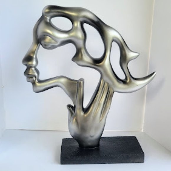 SILVER COLOR ABSTRACT STATUE WOMAN, HAND, FLOWING HAIR - Picture 1 of 6